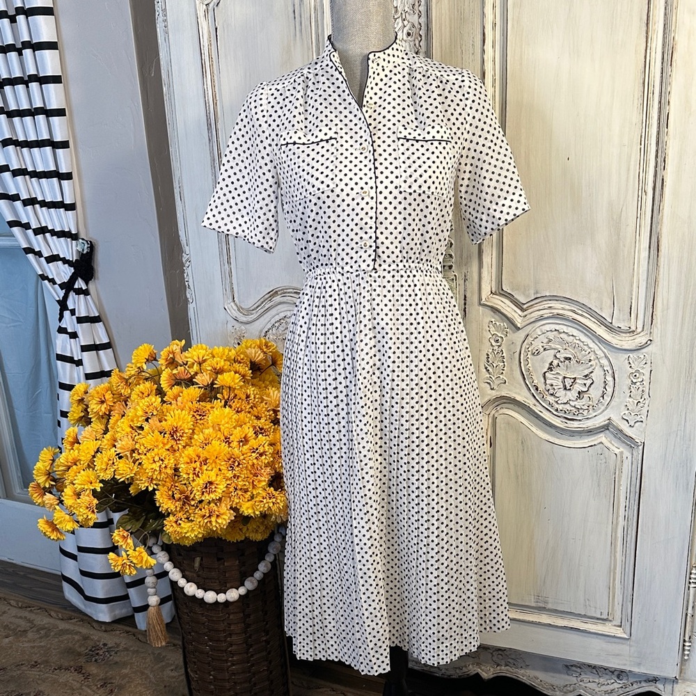 VINTAGE Selene Classic White with Navy Polka Dot Pleated Dress